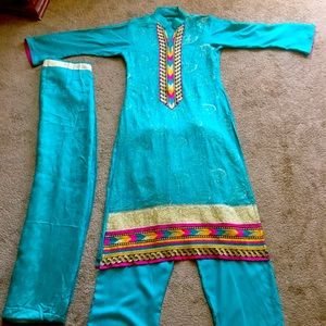 3 piece Colorful Embroidered Aqua salwa kameez